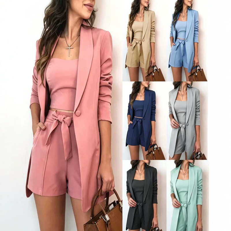 Amazon European and American Cross-Border Women's Clothing 2026 Spring and Summer Vest Suit Jacket Elegant High-Waisted Shorts Three-Piece Set for Women