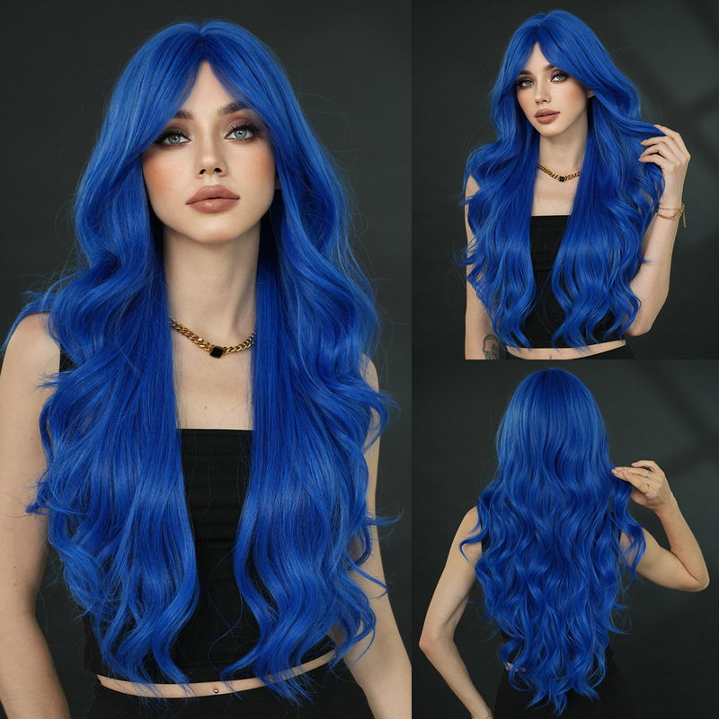Internet Celebrity Dark Blue Wig Long Curly Hair Y2K Style Rapunzel Full Wig for Girls