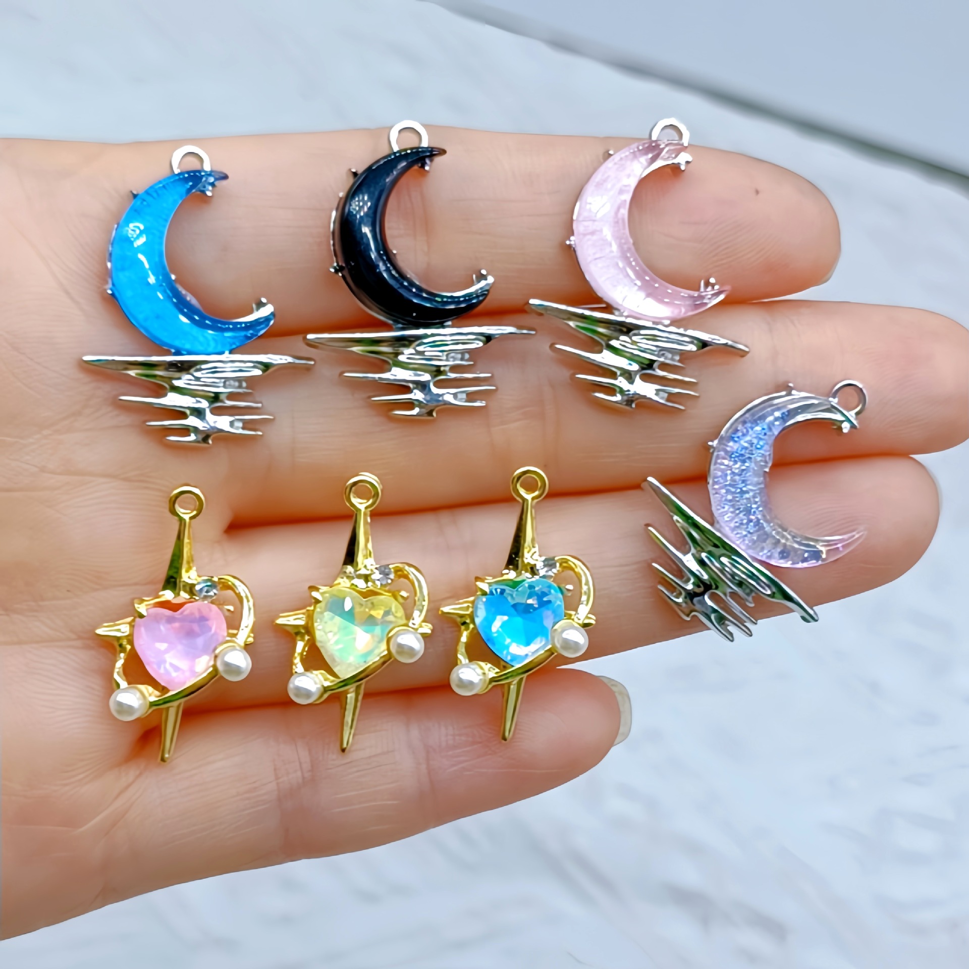 合金吊坠镶钻银饰爱心花环月亮金属diy饰品配件手链项链手作材料