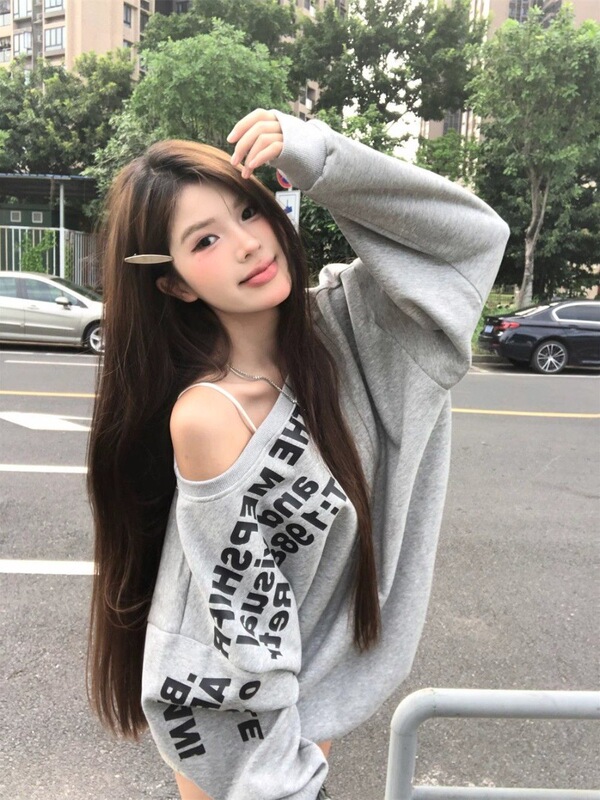 美式辣妹字母印花卫衣女秋冬新款宽松斜肩设计感长袖上衣|undefined