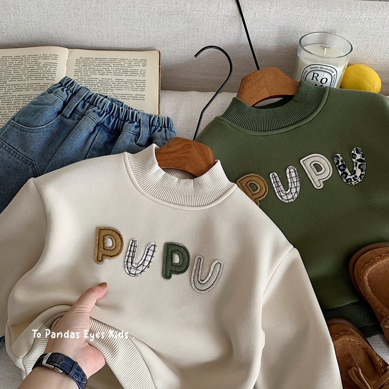 日系童装男童奥粒绒卫衣秋冬款加绒儿童衣服男宝宝圆领上衣冬装潮