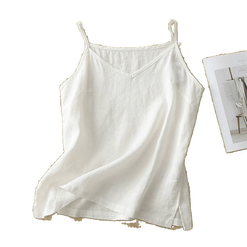Топ однотонный с чашечками, приятная к телу футболка без рукавов, хлопок и лен, V-образный вырез, оверсайз