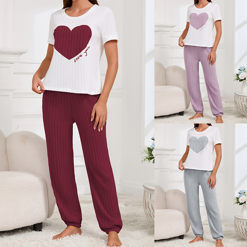 甜美爱心睡衣女套装秋季新款气质圆领短袖长裤两件套舒适家居服