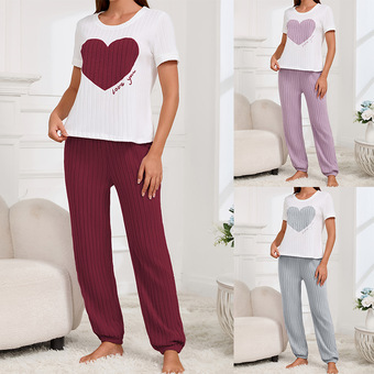 甜美爱心睡衣女套装秋季新款气质圆领短袖长裤两件套舒适家居服