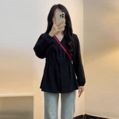 法式V领设计长袖衬衫早秋新款大码胖MM显瘦收腰遮肉减龄黑色上衣