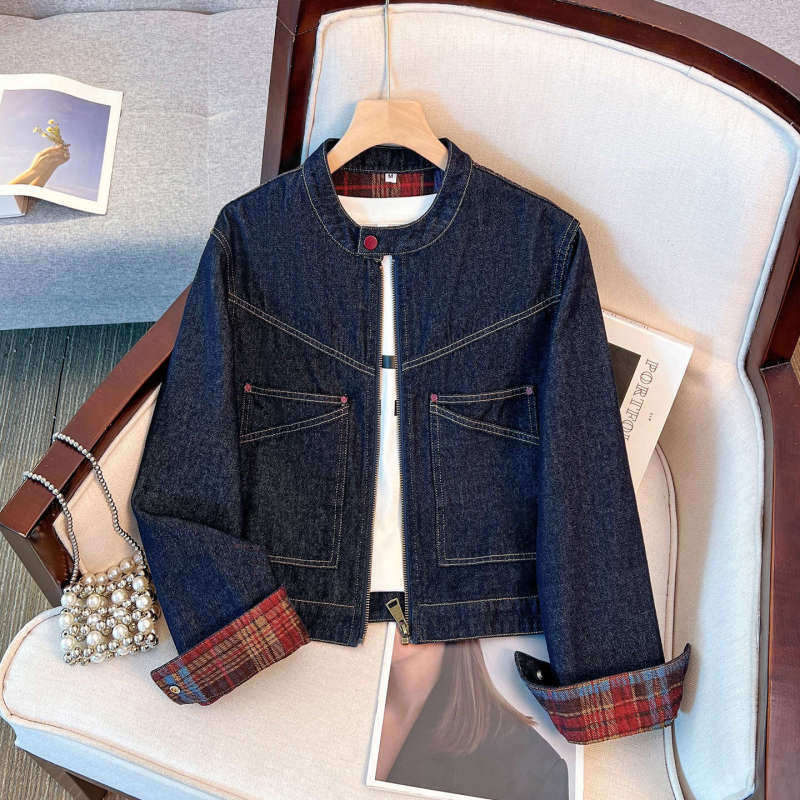 Gorgeous Dark Blue Denim Crew Neck Denim Jacket for Women, Short Style, 2026 Early Spring New Baseball Collar Jacket
