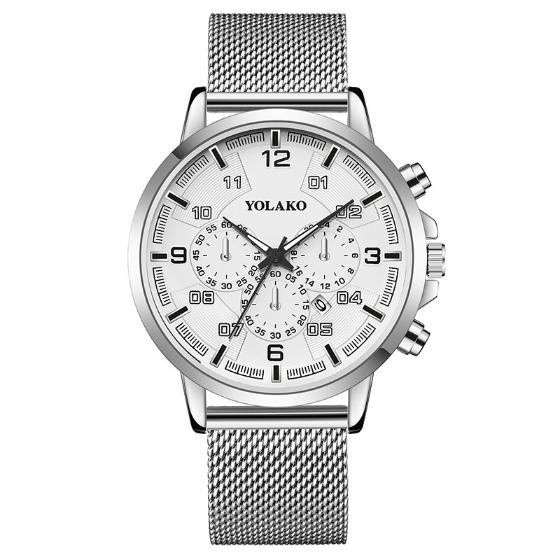 Nouvelle montre numérique tendance pour homme avec calendrier à trois yeux et aiguille bleue, montre pour homme en maille d'acier inoxydable_voghion.com