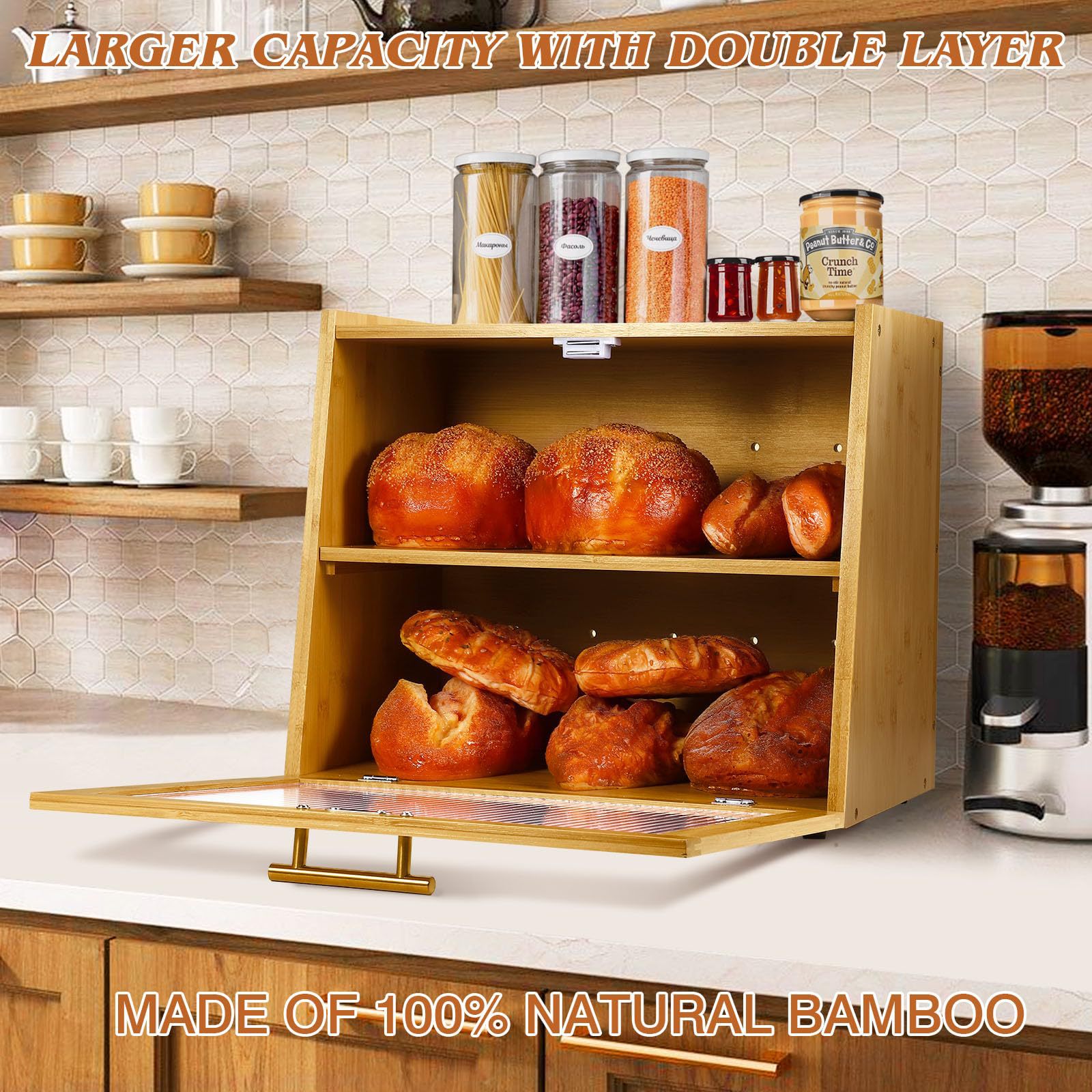 Double layer bamboo bread box, suitable for kitchen countertop, bread storage container, bread box with window