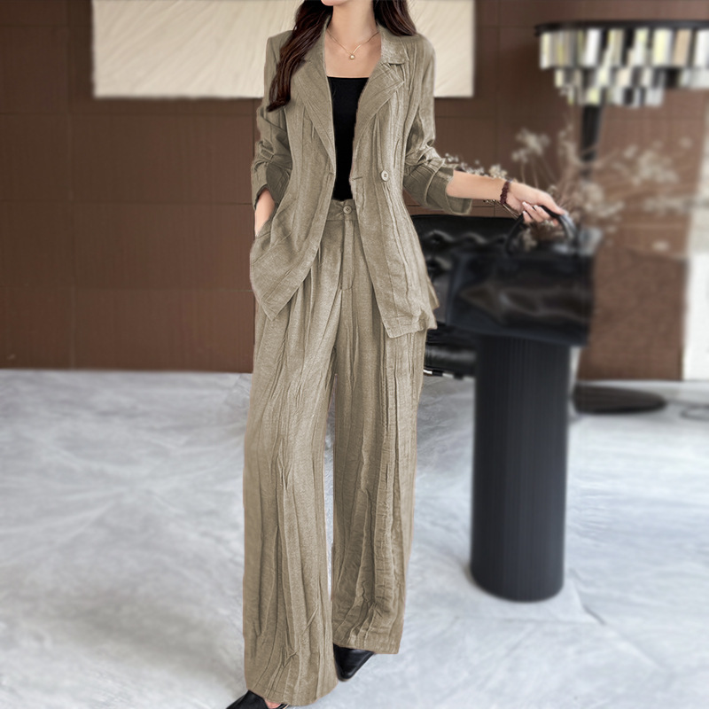 GraceChic Fashion Casual Suit per donna 2025 Blazer slim fit con taglio diagonale e plissettato, pantaloni lunghi, set due pezzi_voghion.com