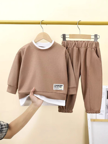 Gebaobao children's clothing Waffle 2024 fake two-piece sweater casual suit for men and women spring babies children children boys
