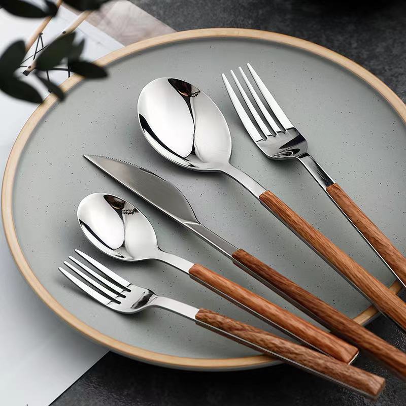 Imitation Wood Grain Western Tableware Japanese Knife And Fork Spoon Three-piece Set Steak Knife And Fork Household Stainless Steel Dessert Fork Spoon