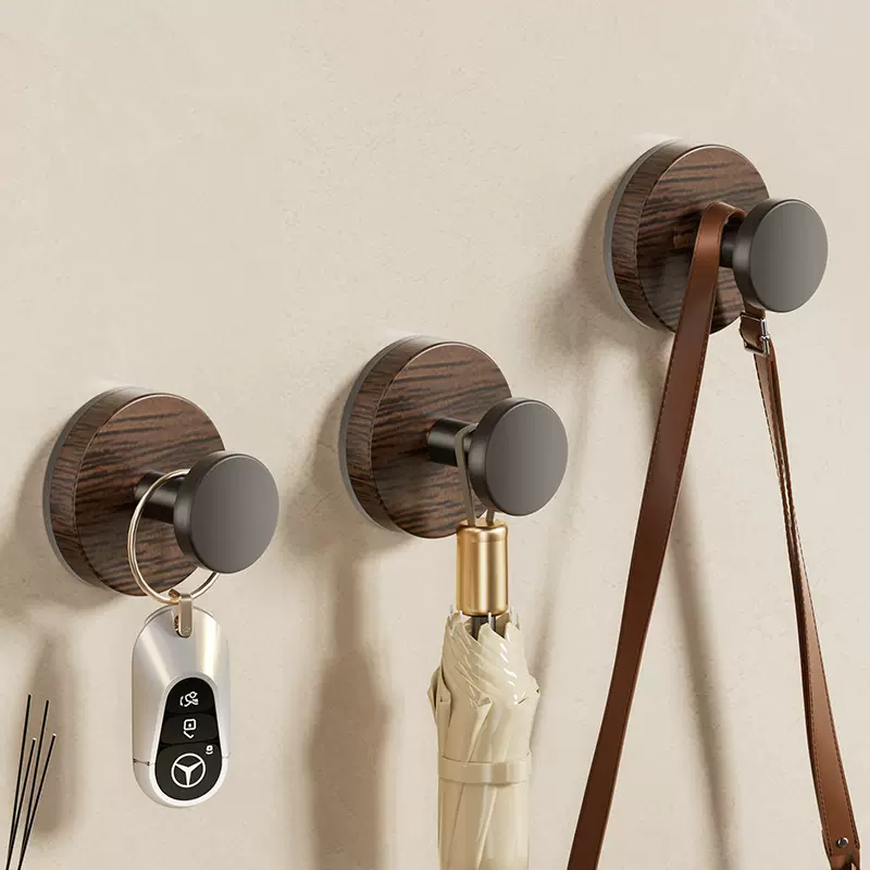 强力吸盘厨卫单钩田园风胡桃木纹浴室挂钩免打孔壁挂墙上衣帽挂钩