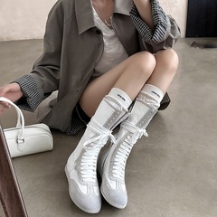 牛翻皮拳击靴圆头内增高系带马丁靴英伦勃肯休闲运动短靴女中筒靴