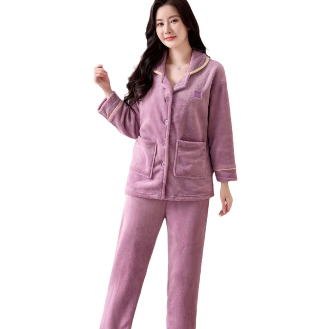 Pijamas de mujeres otoño y invierno nuevos botones de franela ropa de casa set cardigan bordado vestido exterior pijamas sueltos collar