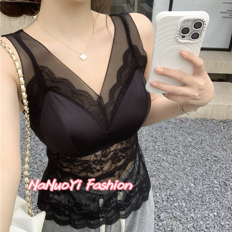 Early Spring New Lace Stitching Satin Camisole Fixed Cup Inner Base Sexy Outer Wear French Beautiful Back for Women