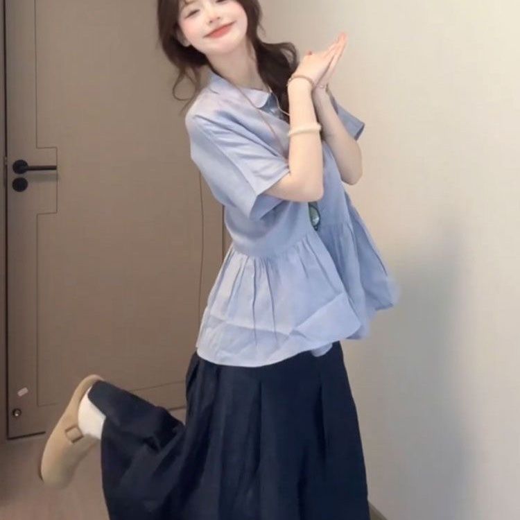 甜美学院风可爱宽松短袖衬衫女学生夏季新款叠穿显瘦半身裙两件套|undefined