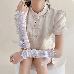 Wood-ear Lace Hollow Mesh Sleeve Women's Summer Sunscreen Ballet Style Bow Sleeve Sweet White Gloves