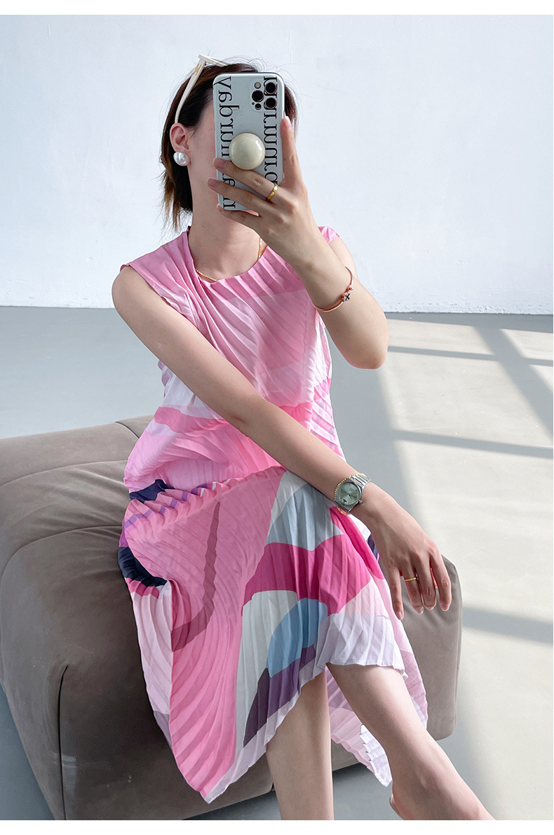 Váy maxi xếp ly in họa tiết hai dây dáng rộng thanh lịch — Màu xanh lam chi tiết 18