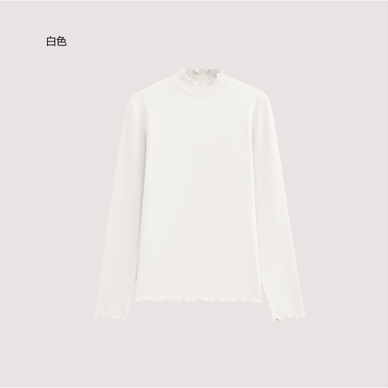 Women's Thickened Half-High Collar Slim-Fit Long-Sleeved Base Shirt with Wood-Ear Edge Fashionable Slim Solid Color Top Women's Spring Super Good-Looking Women's Thickened Half-High Collar Slim-Fit Long-Sleeved Base Shirt with Wood-Ear Edge Fashionable Slim Solid Color Top Women's Spring Super Good-Looking