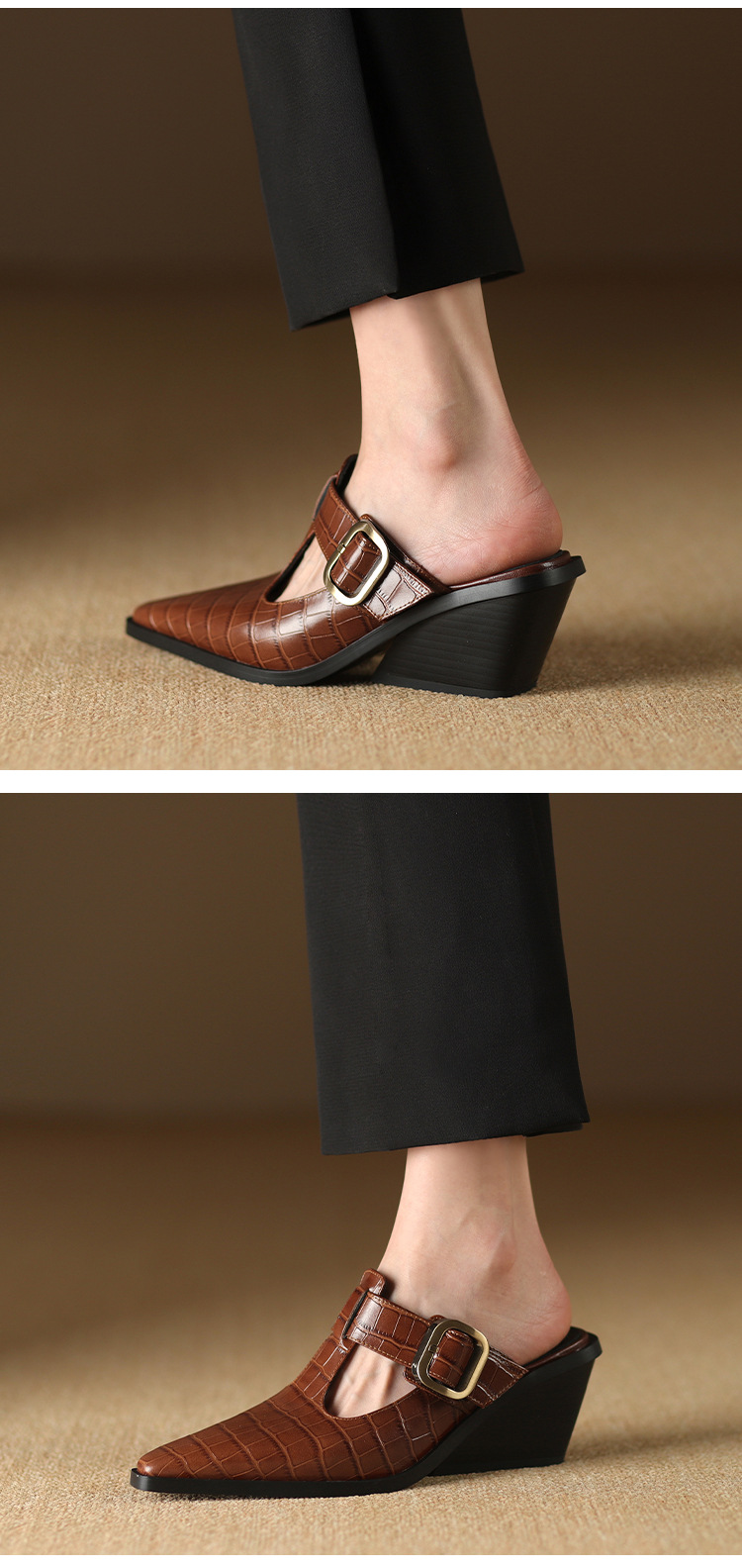 Dép sandal nữ mũi nhọn quai hậu khóa kim gót dày — màu nâu chi tiết 7