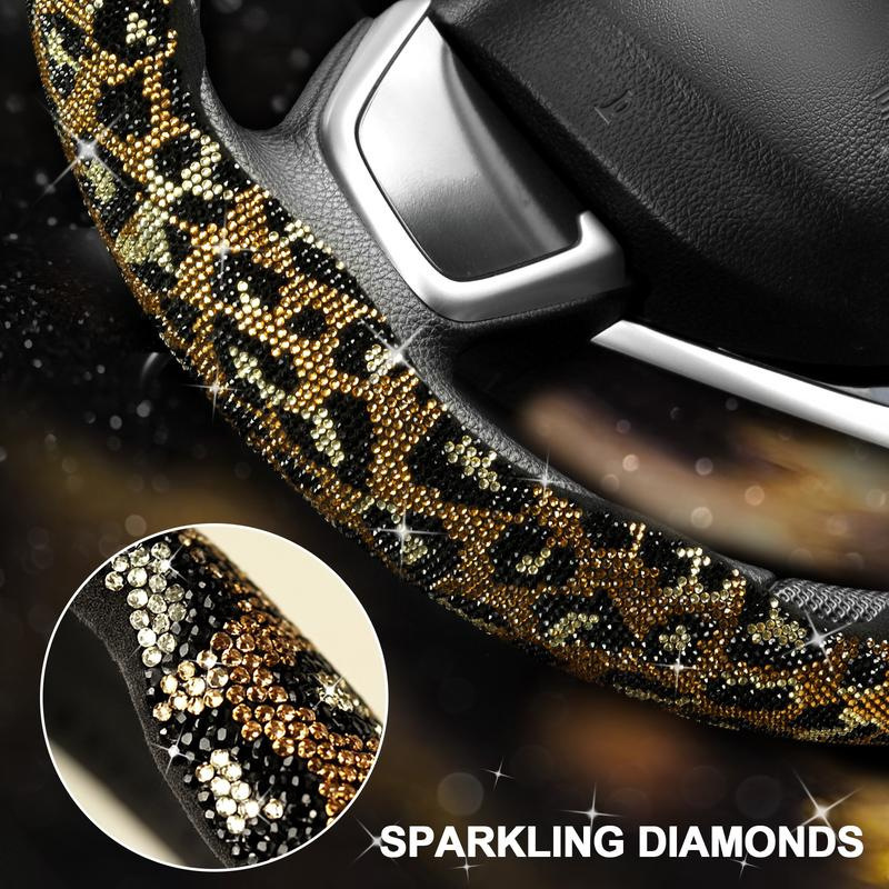 Leopard print diamond-studded crystal car steering wheel cover, trendy and shiny interior modification set for girls, universal car steering wheel cover