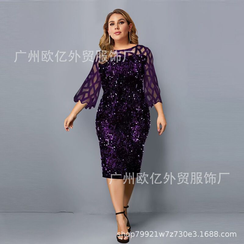 Independent Site European and American Popular Personalized Sequin Design Plus Size Women's Dress 10 Colors 7 Sizes