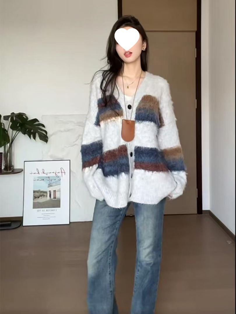 大码仿水貂绒软糯撞色毛衣开衫秋冬外穿复古宽松百搭针织上衣外套