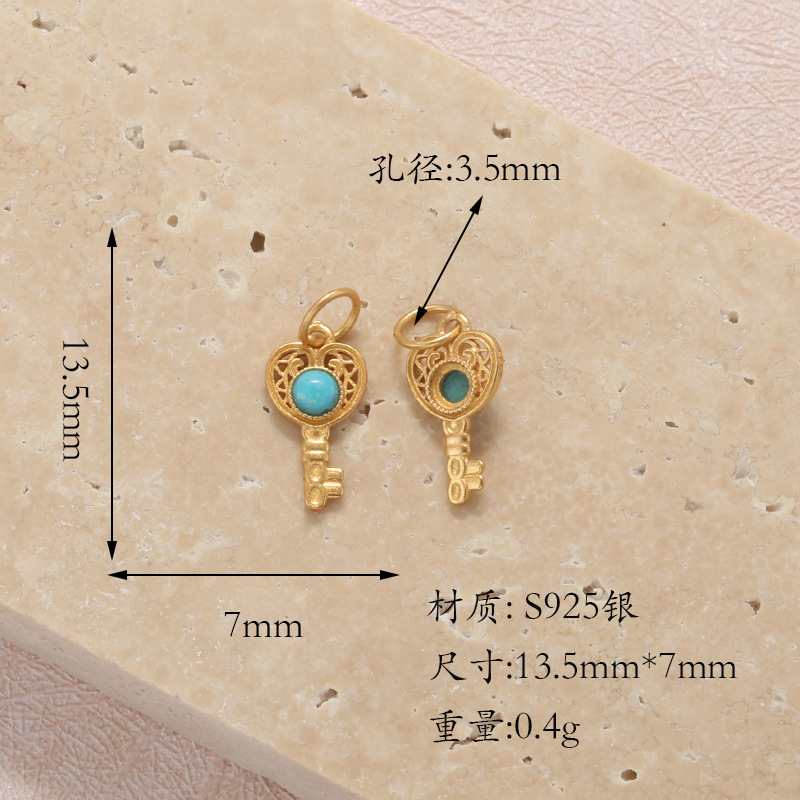 Raw Turquoise S925 Silver Gold-Plated Heart-Shaped Four-Leaf Clover Round Butterfly Pendant Spacer Bead DIY T6