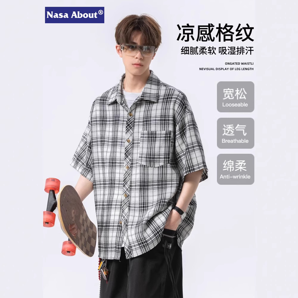 NASA男士格子短袖衬衫外套夏季新款高级感情侣装衬衣休闲半袖上衣