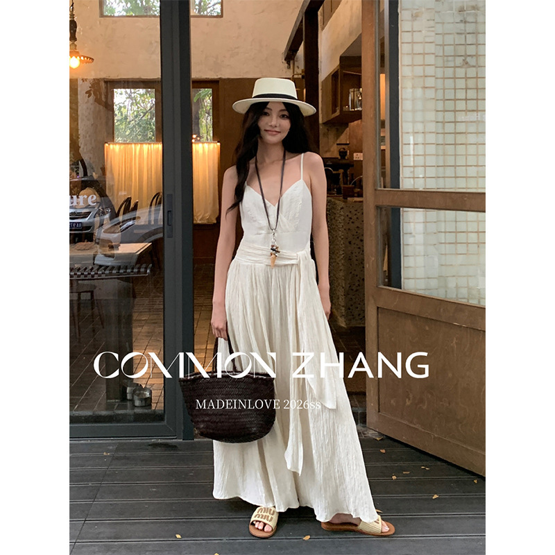 Youji Cz Zhang French Resort-Style Sleeveless Suspender Dress for Women with Textured Backless Long Skirt C16128
