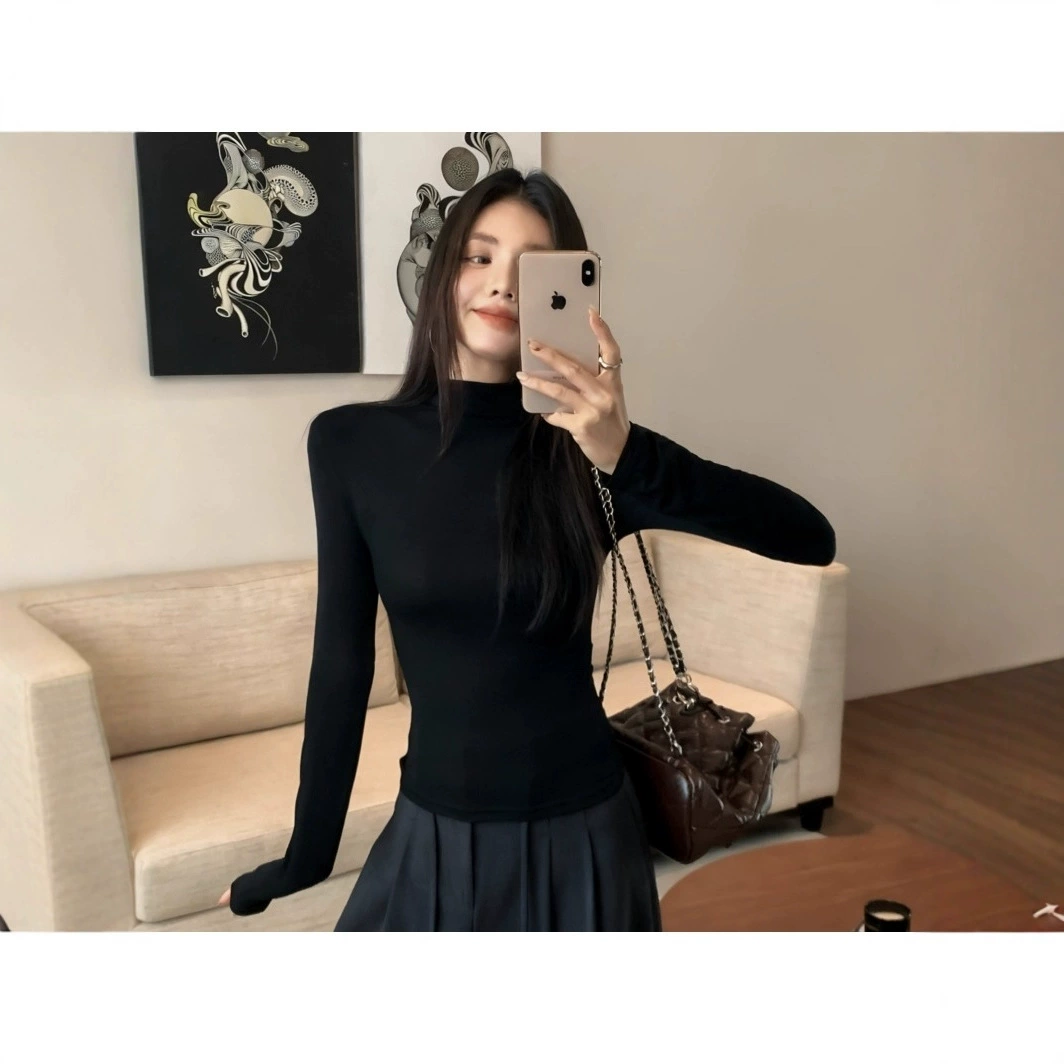Black Regular Shoulder Half-High Collar Thermal Long-Sleeve T-Shirt for Women, New Autumn Style Base Layer Slim Fit Top