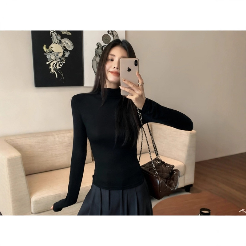 Black Regular Shoulder Half-High Collar Thermal Long-Sleeve T-Shirt for Women, New Autumn Style Base Layer Slim Fit Top