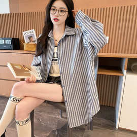 跨境美式黑白条纹衬衫女春夏款设计感bf宽松薄款防晒休闲衬衣长袖