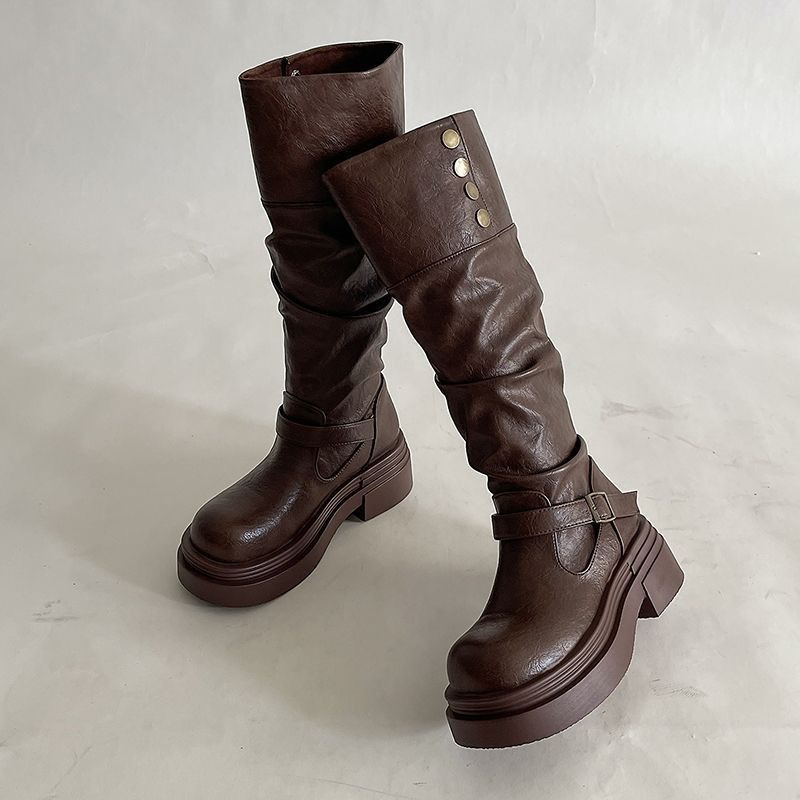 ウエスタンカウボーイ風ウェイストランドスタイルロングブーツ レディース 2025秋冬新作 厚底パイルブーツ ツーウェイライダーブーツ