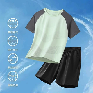 儿童速干套装夏季冰丝透气运动服男女童圆领凉感汗衫短裤两件套