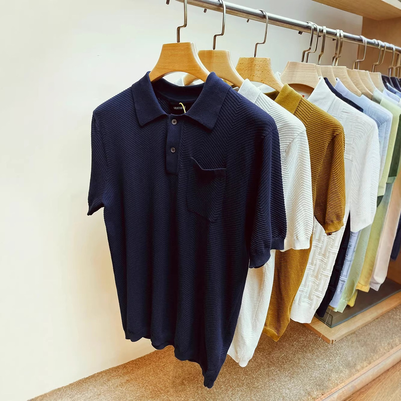 British Light Luxury Textured Knit Polo Shirt Made of Combed Cotton Double Yarn Structure, 16-Gauge High-Density Twill Polo Shirt
