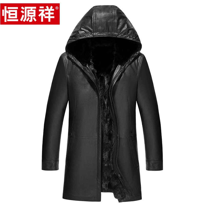 Мужское пальто из натуральной кожи Hengyuanxiang, черное деловое повседневное утепленное пальто средней длины с капюшоном на флисовой подкладке, на осень и зиму