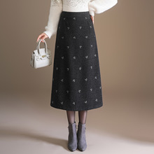 蝴蝶结毛呢半身裙2025秋冬款中长款垂感修身直筒裙显瘦高腰一步裙