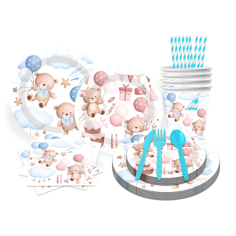 在庫ありクマバルーンテーマ子供の誕生日パーティー装飾用品使い捨て紙皿食器セット卸売|undefined