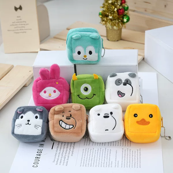 Cartoon Cute Square Children's Plush Coin Purse Data Cable Bag Coin Bag Bag Animal Pendant Accessories Gift