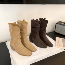 牛皮版~2025秋冬新款敦煌靴~V扣褶皱粗跟内增高沙漠堆堆短靴女西