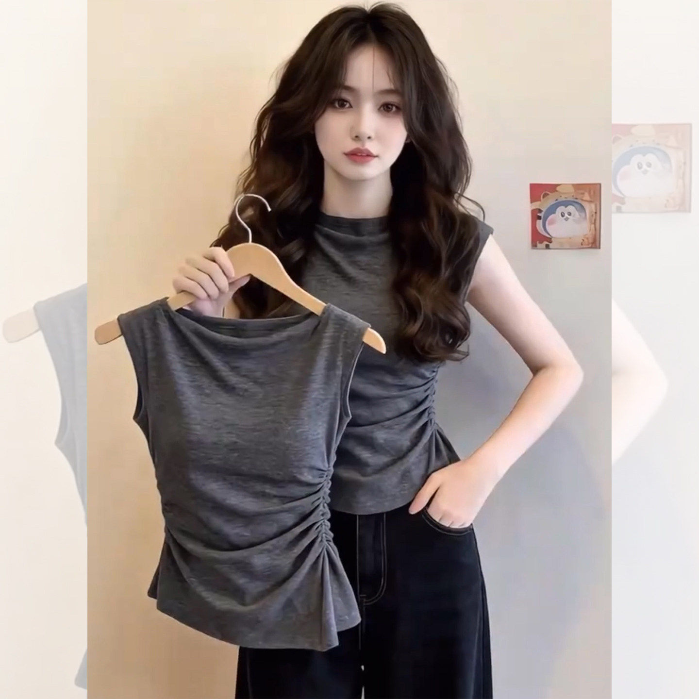 Áo thun nữ tay ngắn xếp ly cổ tròn dáng suông tay lỡ bay — màu xám chi tiết 1