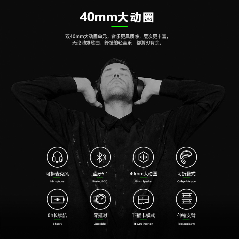 クロスボーダーLED発光折りたたみヘッドセットbluetooth 5.3低遅延ワイヤレスイヤホン|undefined