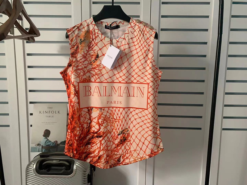 Spring and Summer New balmain Orange Pullover Shoulder Gold Buckle Sleeveless T-Shirt Internet Celebrity ins Same Style
