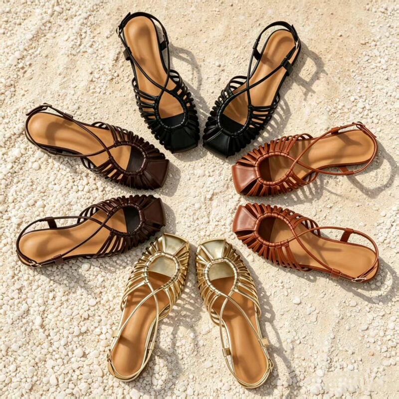 Vintage Woven Hollow-Out Flat Beach Sandals for Women, Summer Large Size Comfortable Roman Sandals with Single Strap