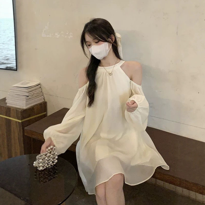 Off-shoulder halter neck unique design dress, spring 2026 new style, loose, fashionable, elegant white A-line dress for women
