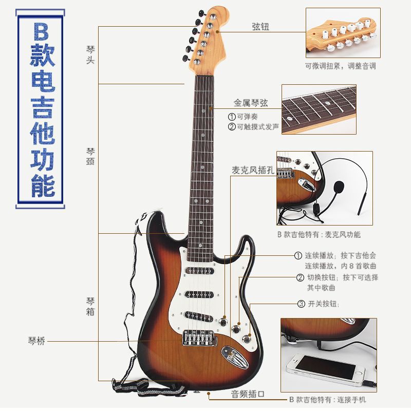 Transfronterizo puede tocar juguetes de guitarra eléctrica de simulación para niños, niños y niñas, guitarra pequeña, bajo, música, instrumentos musicales para principiantes de 6 cuerdas