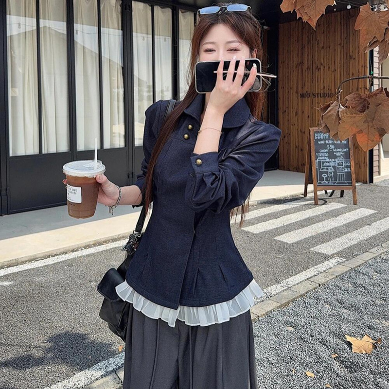 Korean Style High-Sense Double-Breasted Lace Splicing Shirt for Women Autum New Denim Pleated Design Waist Top