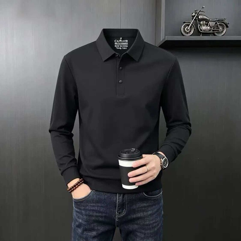 High-end men's nylon seamless long-sleeve polo shirt, men's autumn and winter casual solid-color thickened base layer