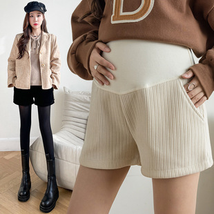 Real shot pregnant women autumn and winter corduroy wide leg shorts fashion slimming new chenille shorts pantyhose shorts